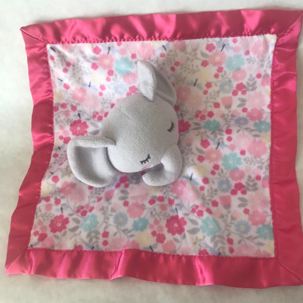 Parent's Choice: Baby Girl Elephant Pink/Gray Floral Satin Edge Security Blanket